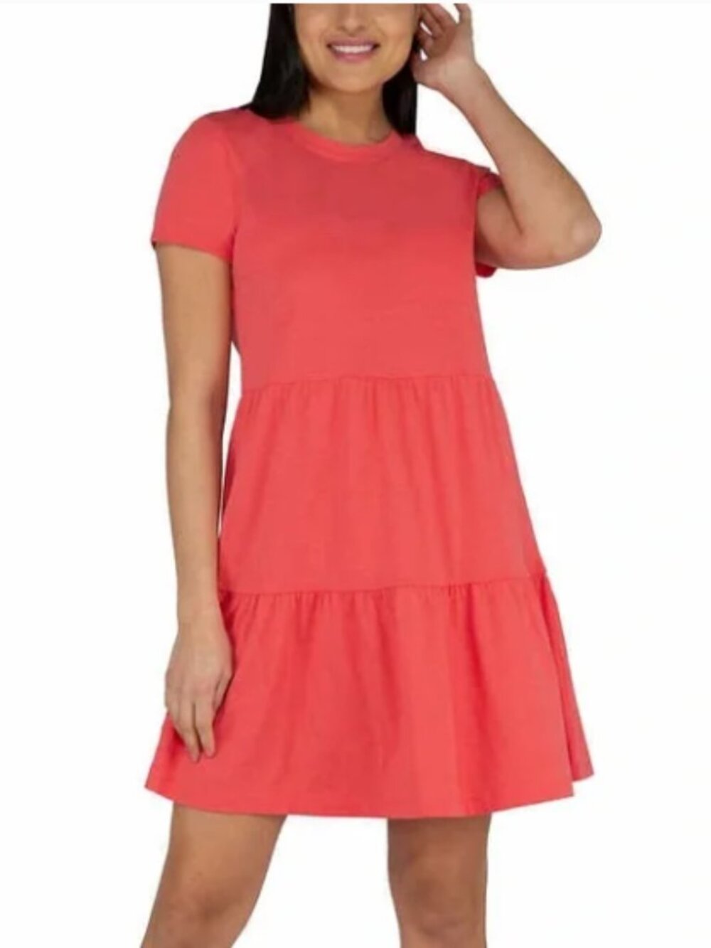 Casual Pink/Blush A-Line Tiered Short Sleeve Mini Dress with Crew Neck